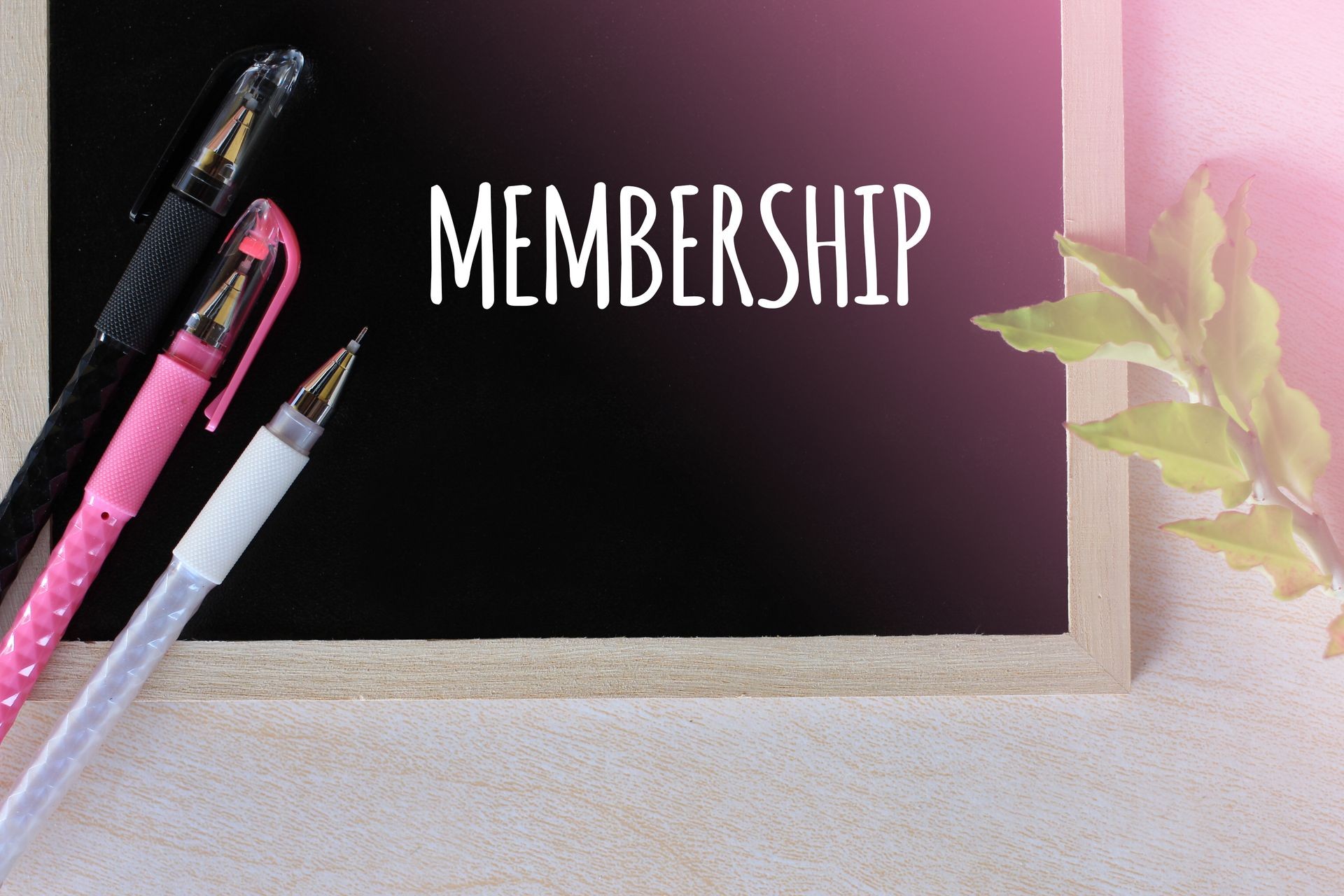 MEMBERSHIP - positive word on blackboard concept with pen and green leaf on wooden background